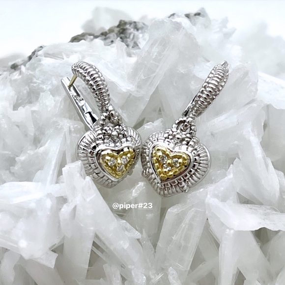 Judith Ripka Sterling Silver 18K Gold JR TWO Diamond Heart Romance Drop Earrings - Picture 3 of 10